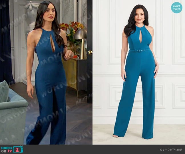 Guess Darla Belted Jumpsuit in Blue Opal worn by Gabi Hernandez (Cherie Jimenez) on Days of our Lives