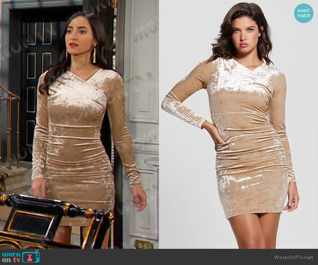 Guess Eco Tess Velvet Dress in Beige worn by Gabi Hernandez (Cherie Jimenez) on Days of our Lives