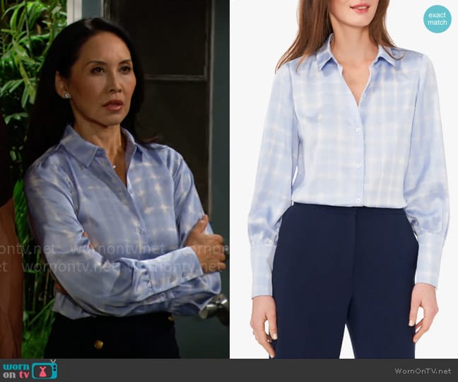 Halogen Print Button-Up Shirt in Dyed Placid Blue worn by Li Finnegan (Naomi Matsuda) on The Bold and the Beautiful