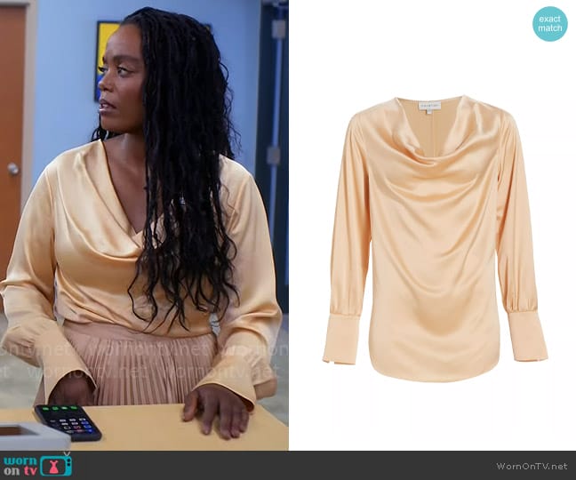 Sabrina’s peach satin cowl neck blouse on Tyler Perrys Sistas