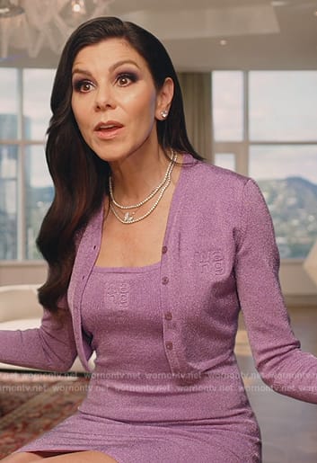 Heather's lilac confessional cardigan and dress on The Real Housewives of Orange County