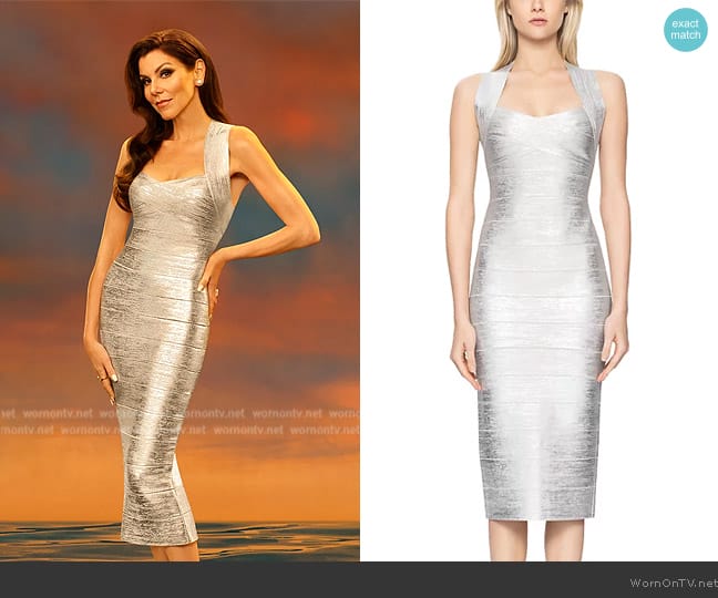 Herve Leger Foiled Crisscross Back Bandage Dress worn by Heather Dubrow on The Real Housewives of Orange County