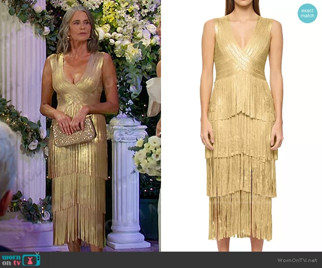 Herve Leger Foiled Bandage Fringe Midi Dress in Gold foil worn by Fiona Cook (Serena Scott Thomas) on Days of our Lives