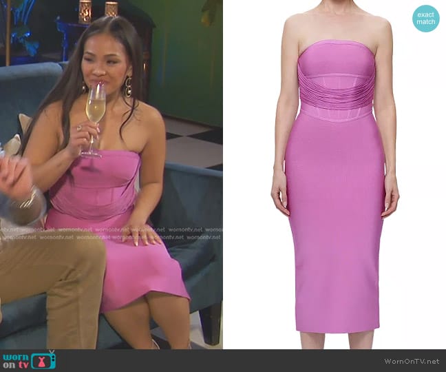 Herve Leger The Isabella Strapless Draped Midi Dress in Guava worn by Jenn Tran on The Bachelorette