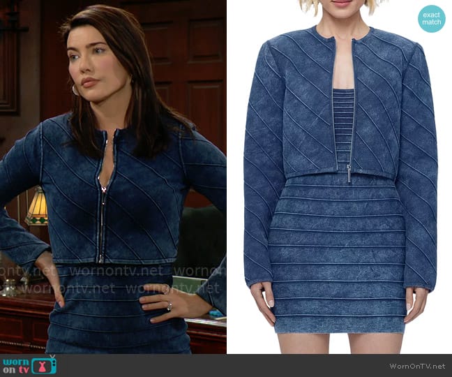 Herve Leger The Riley Denim Bandage Jacket worn by Steffy Forrester (Jacqueline MacInnes Wood) on The Bold and the Beautiful