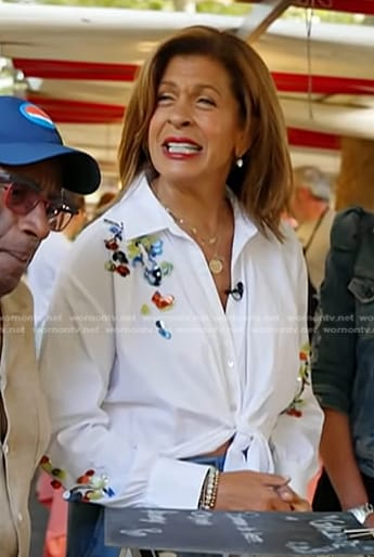 Hoda's white floral embellished tie front top on Today