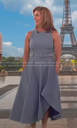 Hoda’s grey belted denim midi dress on Today