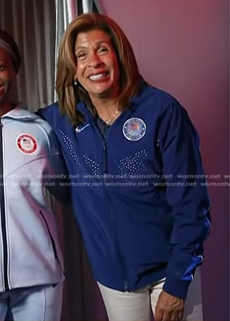 Hoda's blue eyelet track jacket on Today