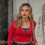 Holly’s red cropped henley top and denim mini skirt on Days of our Lives