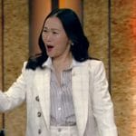 Hong Chau’s white windowpane double breasted blazer on Live with Kelly and Mark