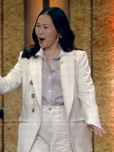 Hong Chau’s white windowpane double breasted blazer on Live with Kelly and Mark