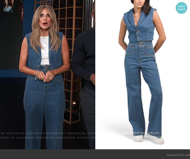 House of Harlow 1960 Denim Pinstriped Vest Wide Leg Set worn by Keltie Knight on E! News