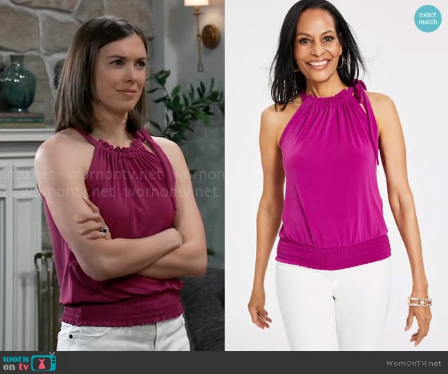 INC International Concepts Tie-Neck Halter Top in Violet Orchid worn by Willow Tait (Katelyn MacMullen) on General Hospital