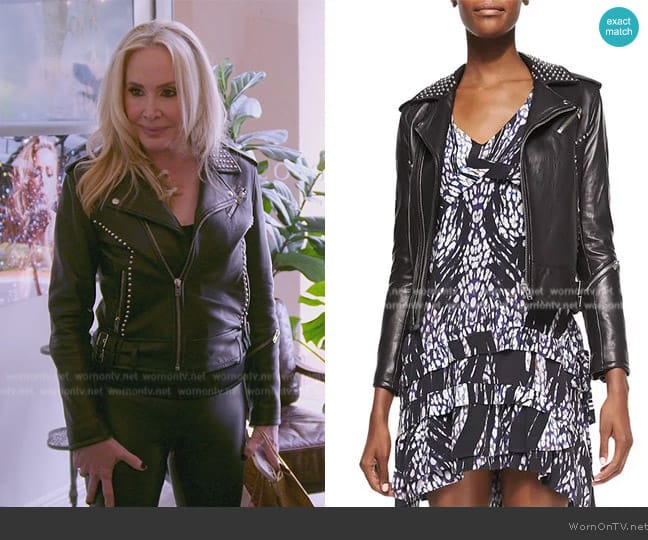 Wenda Studded Lambskin Moto Jacket by IRO worn by Shannon Beador on The Real Housewives of Orange County