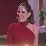 Jenn Fessler’s red one shoulder top and skirt on The Real Housewives of New Jersey