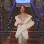 Jenn Tran’s sequin halter dress and fur trim cape on The Bachelorette