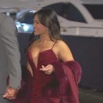 Jenn Tran’s burgundy dress and fur trim cape on The Bachelorette