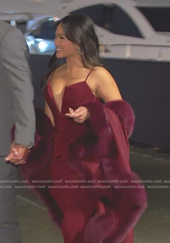 Jenn Tran's burgundy dress and fur trim cape on The Bachelorette