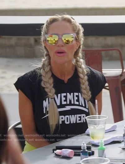 Jennifer's black Movement Power print top on The Real Housewives of Orange County