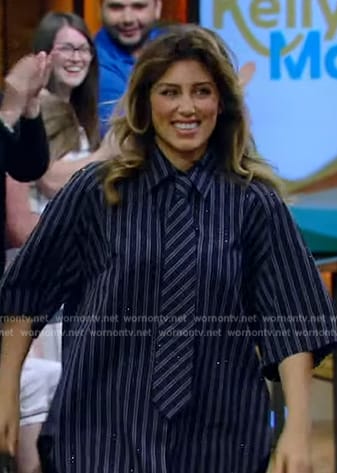 Jennifer Esposito’s navy pinstripe top and pants on Live with Kelly and Mark