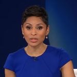 Jericka’s blue laser cut dress on CBS Evening News