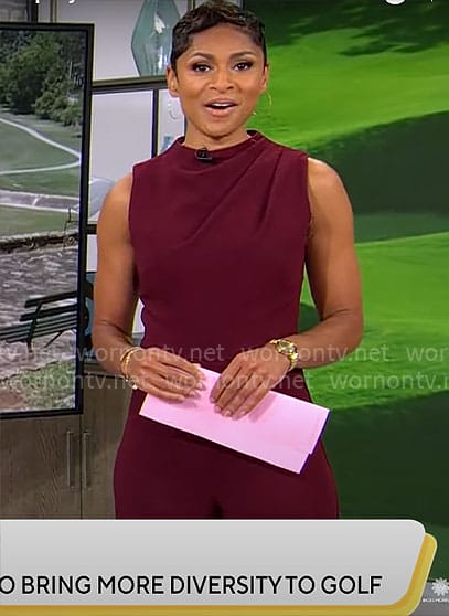 Jericka Duncan’s burgundy sleeveless jumpsuit on CBS Mornings