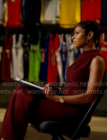 Jericka Duncan’s burgundy sleeveless jumpsuit on CBS Mornings