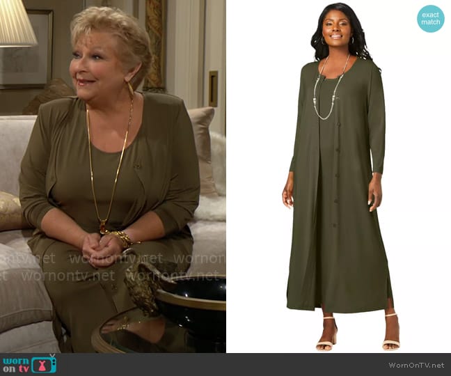 Jessica London 2-Piece Stretch Knit Duster Set in Dark Olive Green worn by Traci Abbott (Beth Maitland) on The Young and the Restless