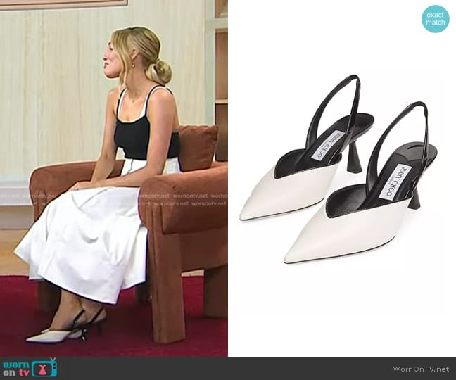 Jimmy Choo Maryanne 65MM Leather Slingback Pumps in Latte Black worn by Alex Cooper on Today