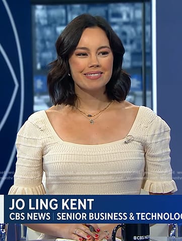 WornOnTV: Jo Ling Kent’s ivory ribbed ruffle dress on CBS Evening News ...