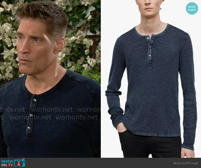 John Varvatos Memphis Waffle Long Sleeve Henley in Navy worn by Deacon Sharpe (Sean Kanan) on The Bold and the Beautiful