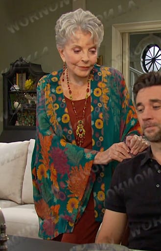 Julie's teal floral kimono jacket on Days of our Lives