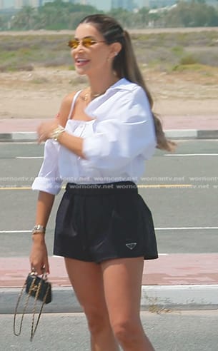 Juliana's white poplin layered shirt and black shorts on The Real Housewives of Dubai