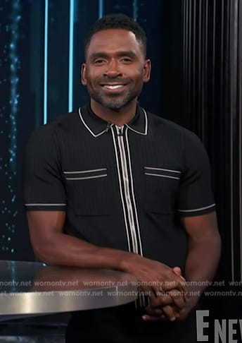 Justin’s black contrast piping ribbed shirt on E! News