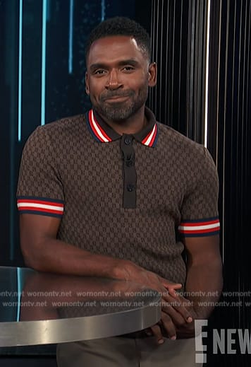 Justin’s brown logo stripe trim polo on E! News