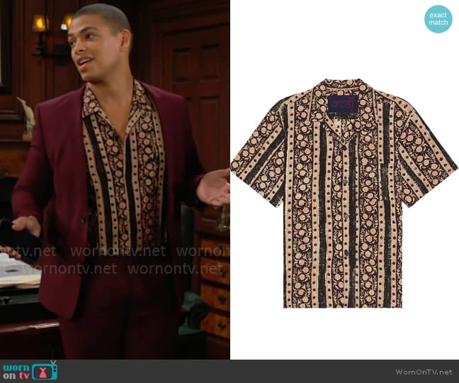 Kardo Ronen Shirt in Crochet Block Print worn by Zende Forrester Dominguez (Delon De Metz) on The Bold and the Beautiful