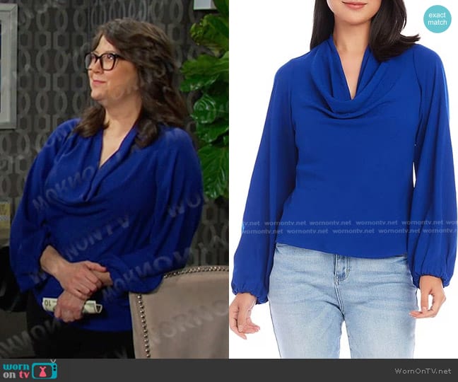 Karen Kane Cowl Neck Top in Royal worn by Connie (Julie Dove) on Days of our Lives