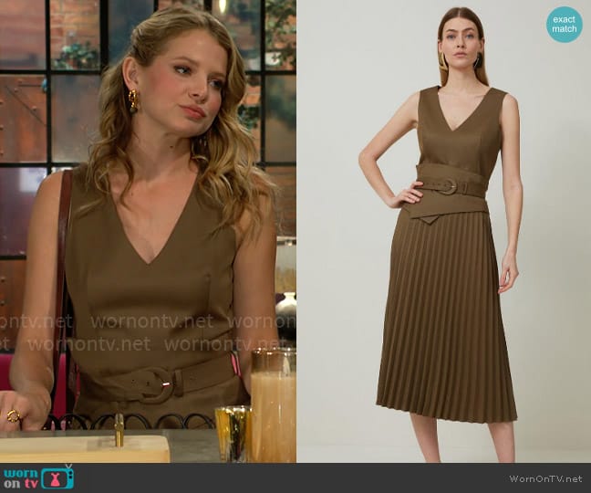 Karen Millen Tailored Wool Blend Belted Pleat Detail Midi Dress in Olive worn by Summer Newman (Allison Lanier) on The Young and the Restless