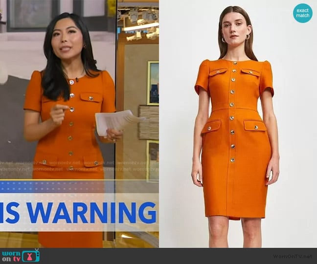 Karen Millen Tailored Short Sleeve Utility Pencil Midi Dress in Orange worn by Selina Wang on Good Morning America