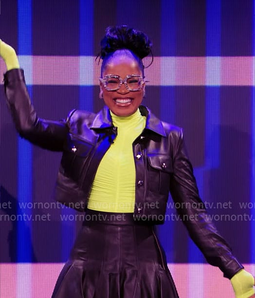 Keke Palmer's ruched lime top, leather skirt and jacket on Password