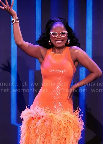 WornOnTV: Keke Palmer’s orange sequin and feather dress on Password ...