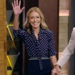 Kelly’s blue polka dot tie neck blouse on Live with Kelly and Mark