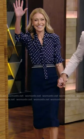 Kelly’s blue polka dot tie neck blouse on Live with Kelly and Mark