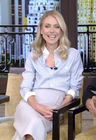 Kelly’s blue striped shirt and grey pencil skirt on Live with Kelly and Mark