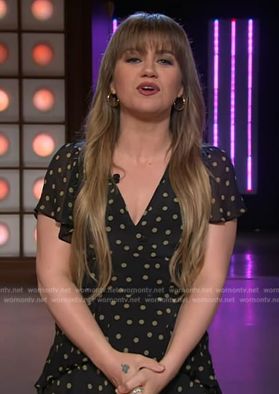 Kelly's black polka dot print wrap dress on The Kelly Clarkson Show