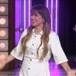 Kelly’s white denim mini dress on The Kelly Clarkson Show