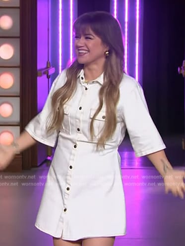 Kelly's white denim mini dress on The Kelly Clarkson Show