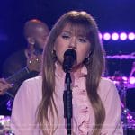 Kelly’s pink ruffle front blouse on The Kelly Clarkson Show