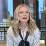 Kelly’s stripe tie neck blouse on Live with Kelly and Mark