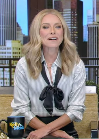 Kelly's stripe tie neck blouse on Live with Kelly and Mark